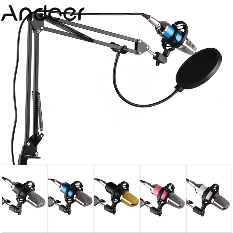 Professional Broadcasting Studio Recording Condenser Microphone Kit with Mic Windscreen + Shock Mount + Adjustable Suspension Arm Stand + Mounting Clamp + Pop Filter + Audio Cable