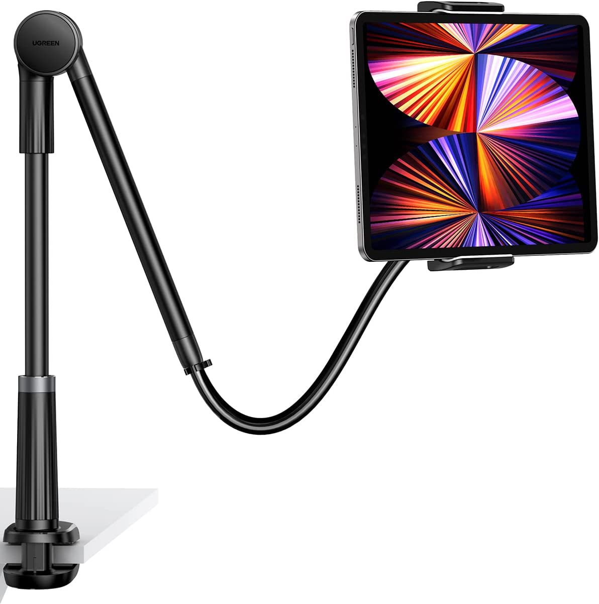 UGREEN Gooseneck Phone Tablet Stand Holder For Bed Desk Cell Phone Clamp Stand Long Lazy Arm 360 Adjustable Compatible with iPhone iPad Pro Samsung Galaxy Tab E-Reader 4-12.9" Black Overhead Recording