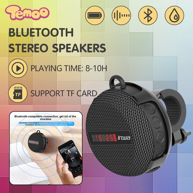 Temoo Bluetooth Motorcycle Stereo Speakers IPX65 Waterproof Moto Music MP3 Player 5W USB Mirco 3.5mm Audio TF Loudspeaker Box Acoustics Sound Woofer for Outdoor Bike Riding