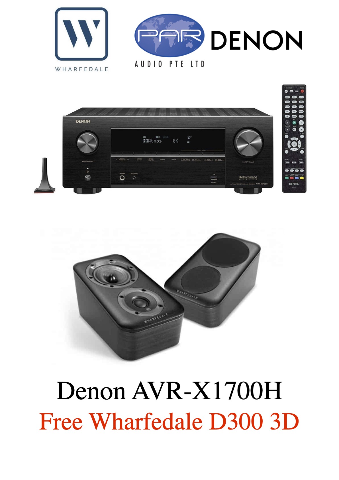 Denon AVR-X1700H 7.2 Ch FREE WHARFEDALE D300 3D (Black), Advanced 8K Upscaling, 3D Audio - Dolby Atmos & DTS Virtual:X, Amazon Alexa